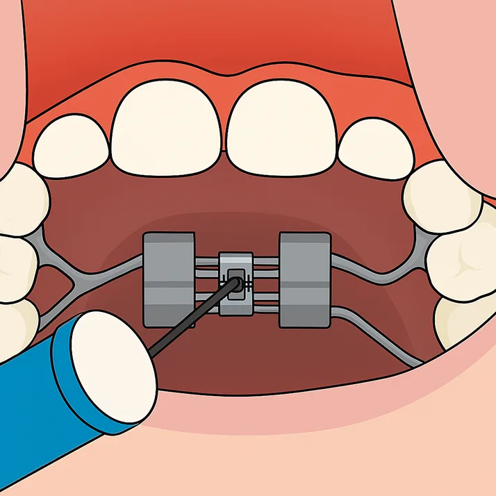 Orthodontist The Woodlands TX Expander 1 A cartoon image of a Palatal Expander in a mouth.